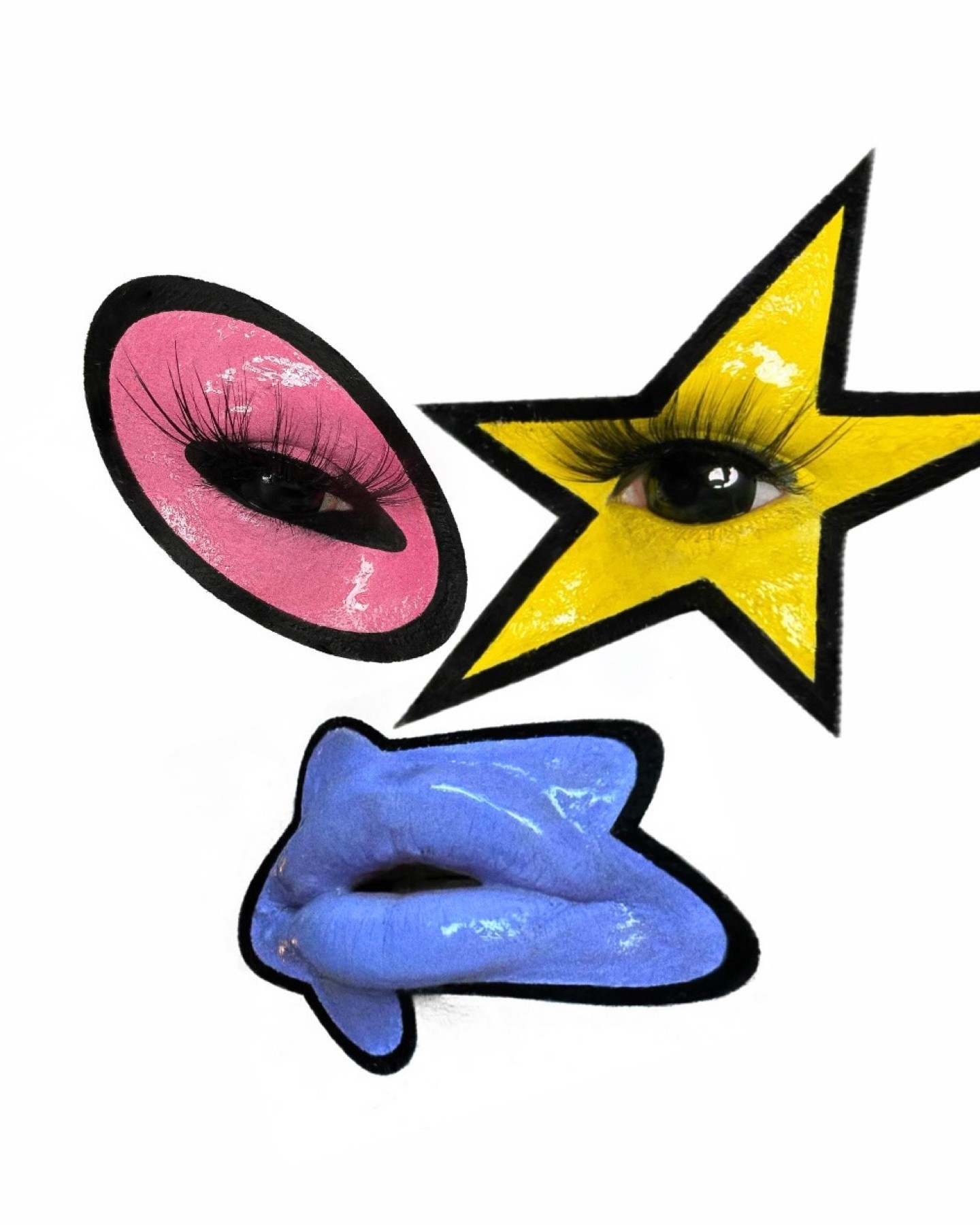 Disembodied pink oval eye, yellow star eye and blue lips arranged on white