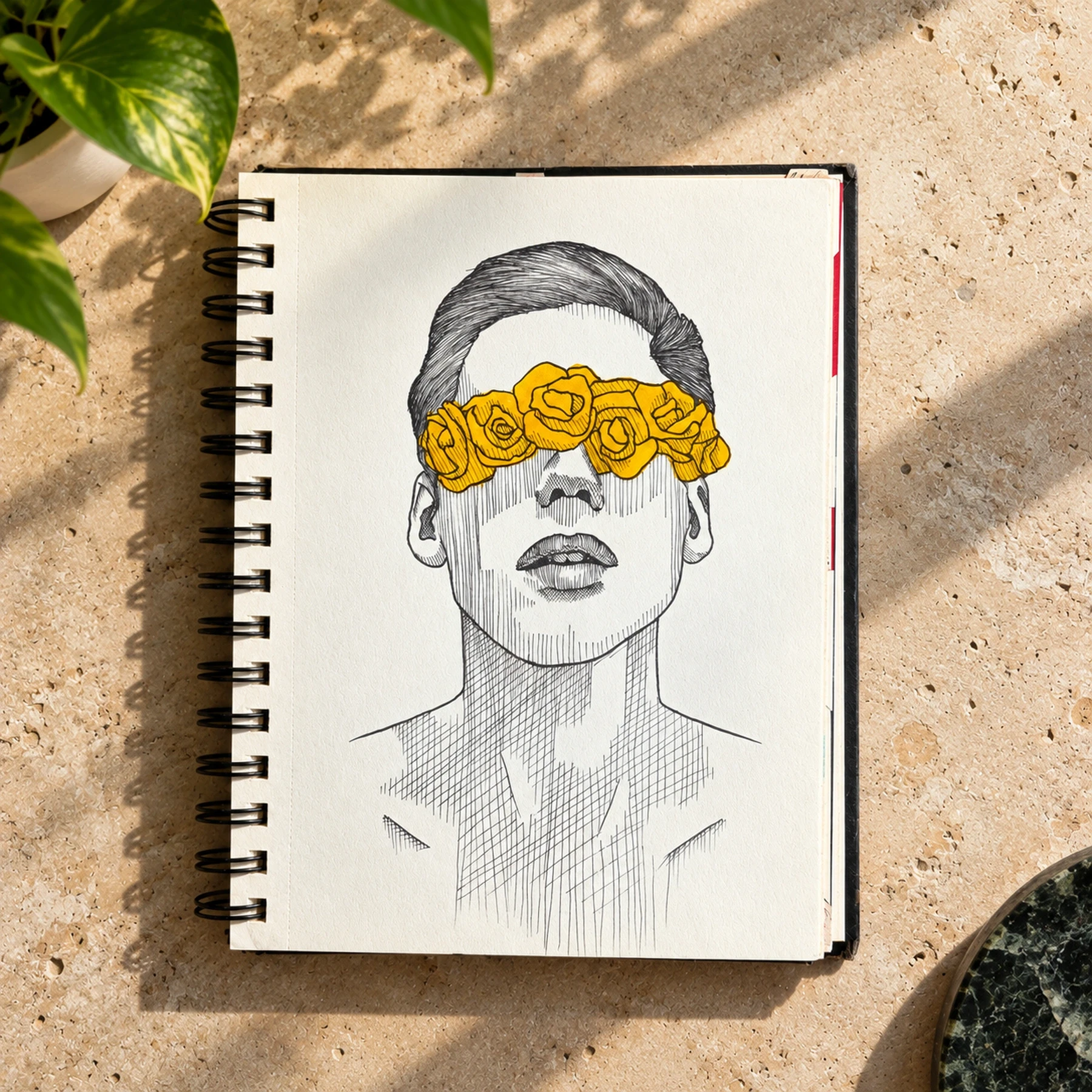 Portrait of a person with yellow roses covering their eyes.