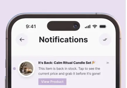 A smartphone screen shows the Whisprice app's notification center, with a 'Back in Stock' alert from the product stock tracker for a 'Calm Ritual Candle Set'