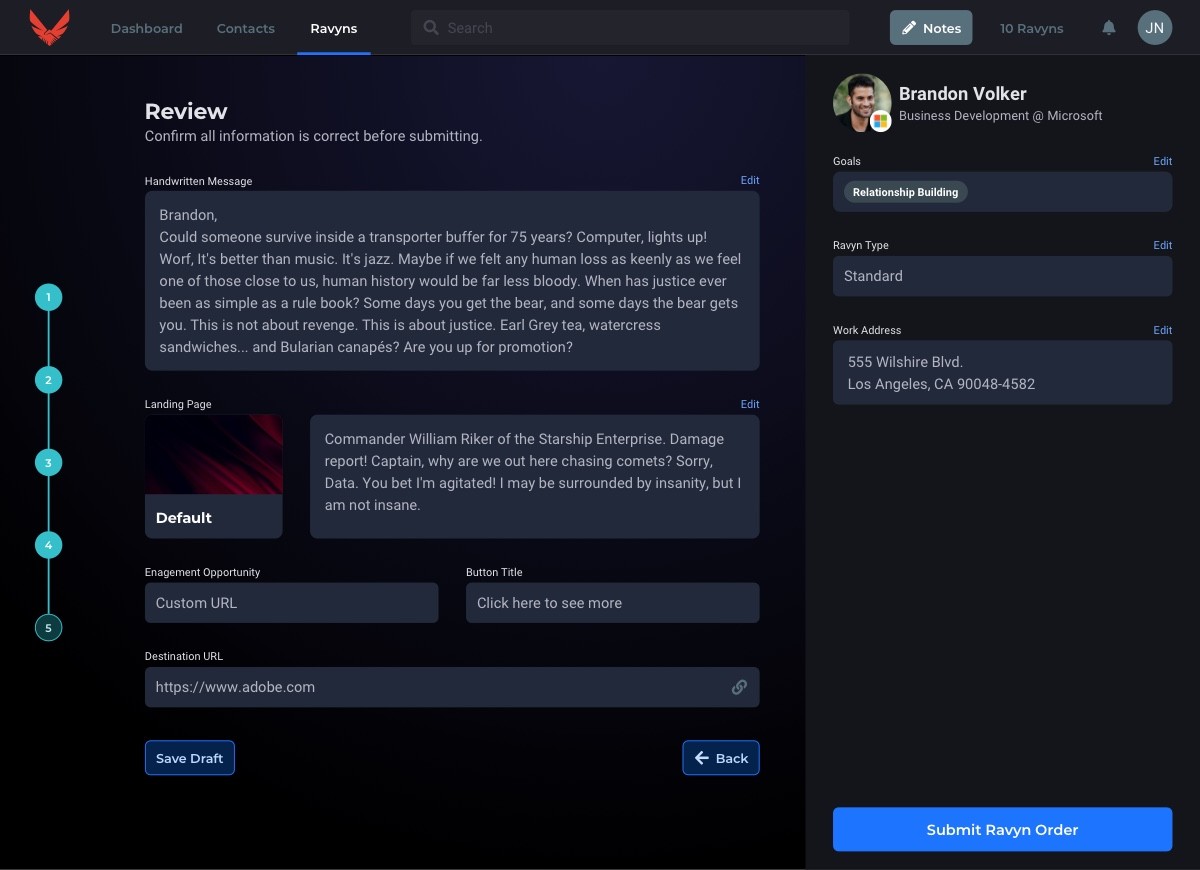 Ravyn wizard confirmation screen