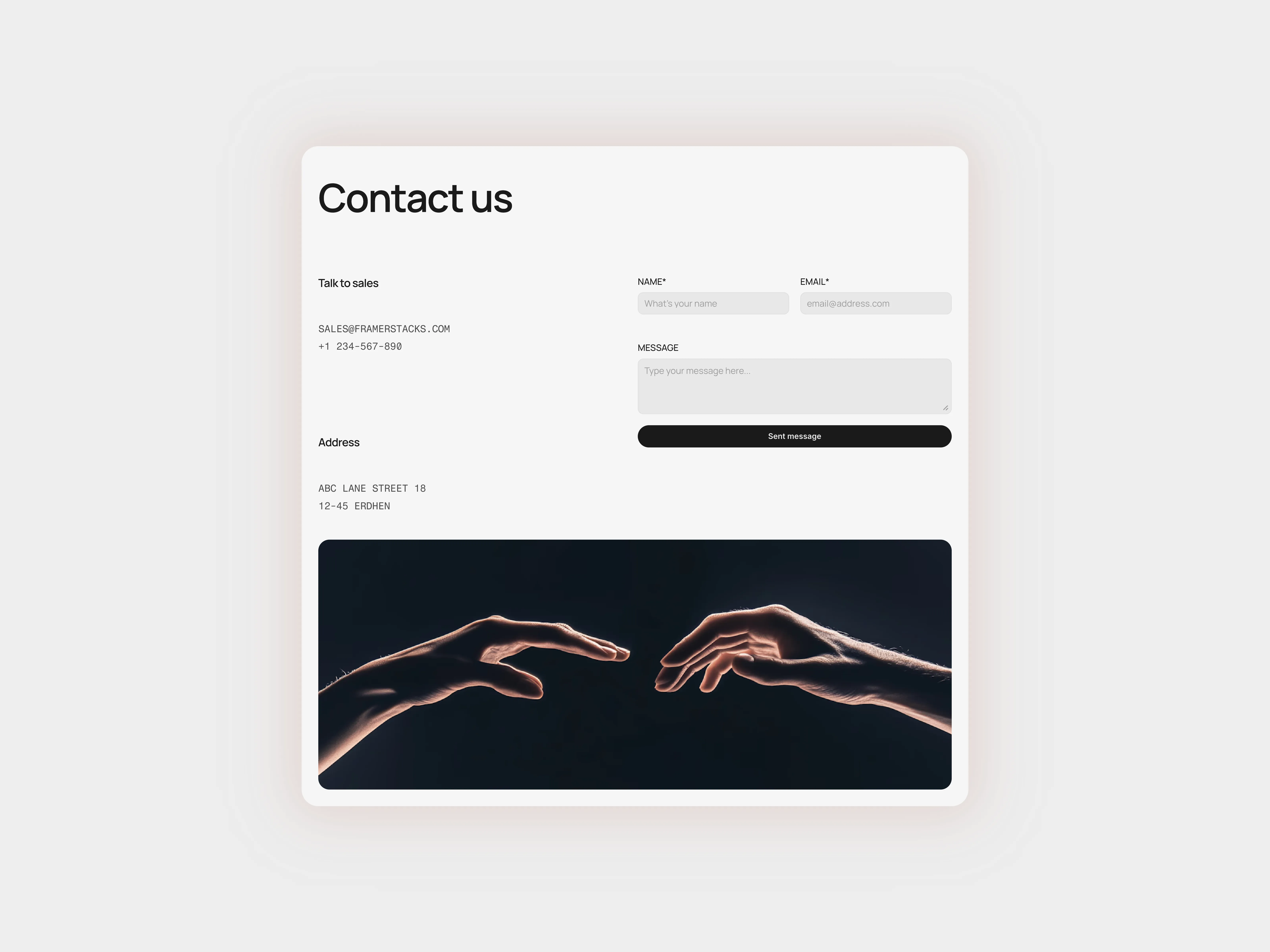 A minimal style light themed contact us page section with various contact us methods.