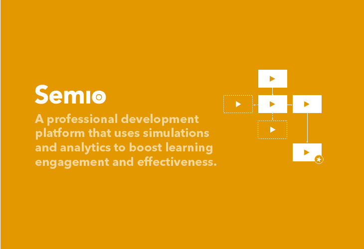 The image displays a yellow background with the word “Semio” written in white text in the top left corner. Below it, a white text description reads: “A professional development platform that uses simulations and analytics to boost learning engagement and effectiveness.” To the right of the text, a white diagram shows four white squares connected by dashed lines, each containing a white play button. The diagram is arranged vertically.