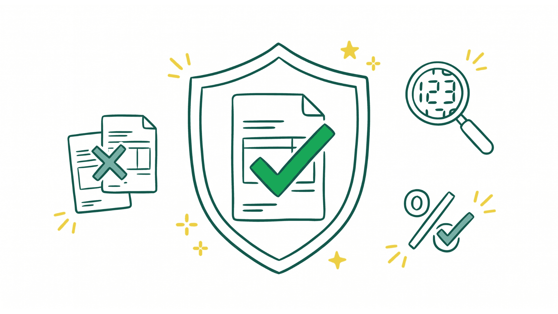 Illustration minimaliste d'un document facture passant à travers un bouclier avec une coche, accompagné de petites icônes pour la détection des doublons, la vérification des montants et le contrôle TVA