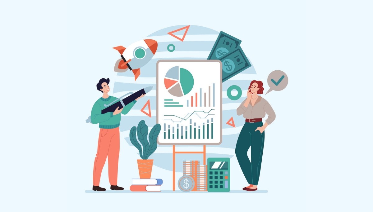 Illustration of two people standing beside a large presentation board filled with charts—pie, bar, and line graphs—surrounded by symbols of money, a rocket, coins, books, and a calculator, representing the analysis and financial modeling involved in valuing a startup equity offer.