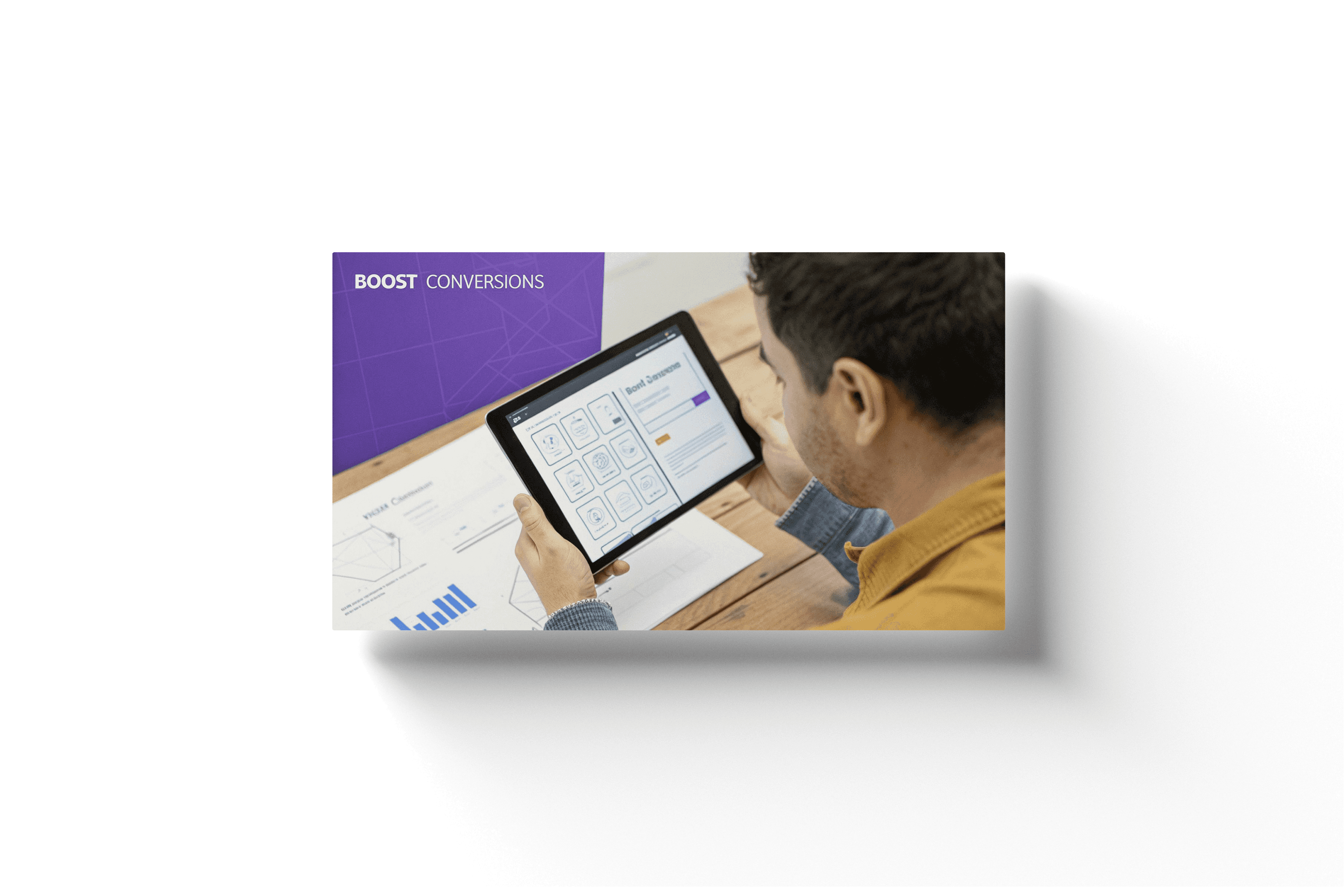 a man holding a tablet in front of a wooden table next to a purple wall displaying the text 'boost conversions'