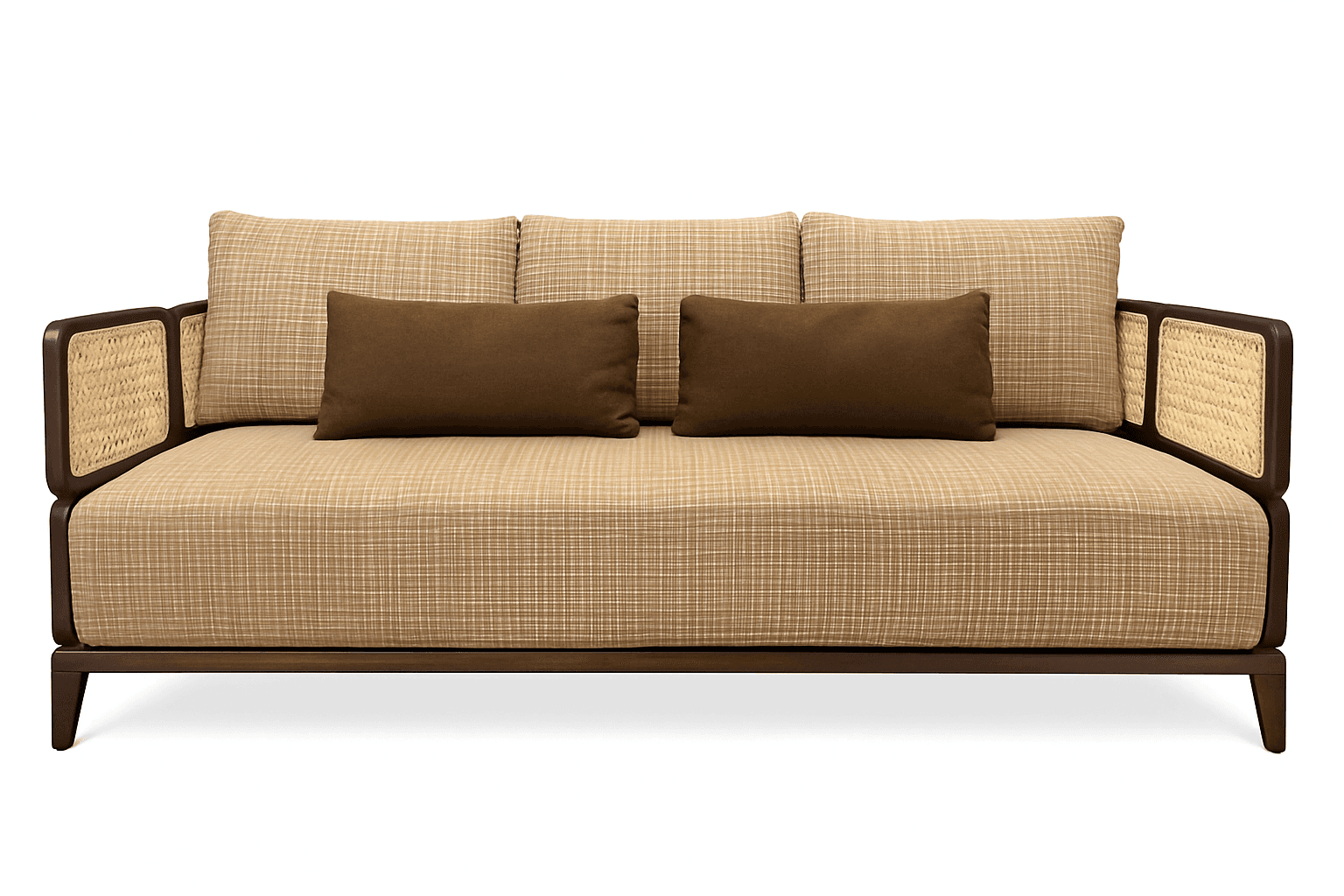 Plum velvet 3-seater with channel tufting and gold-toned legs.