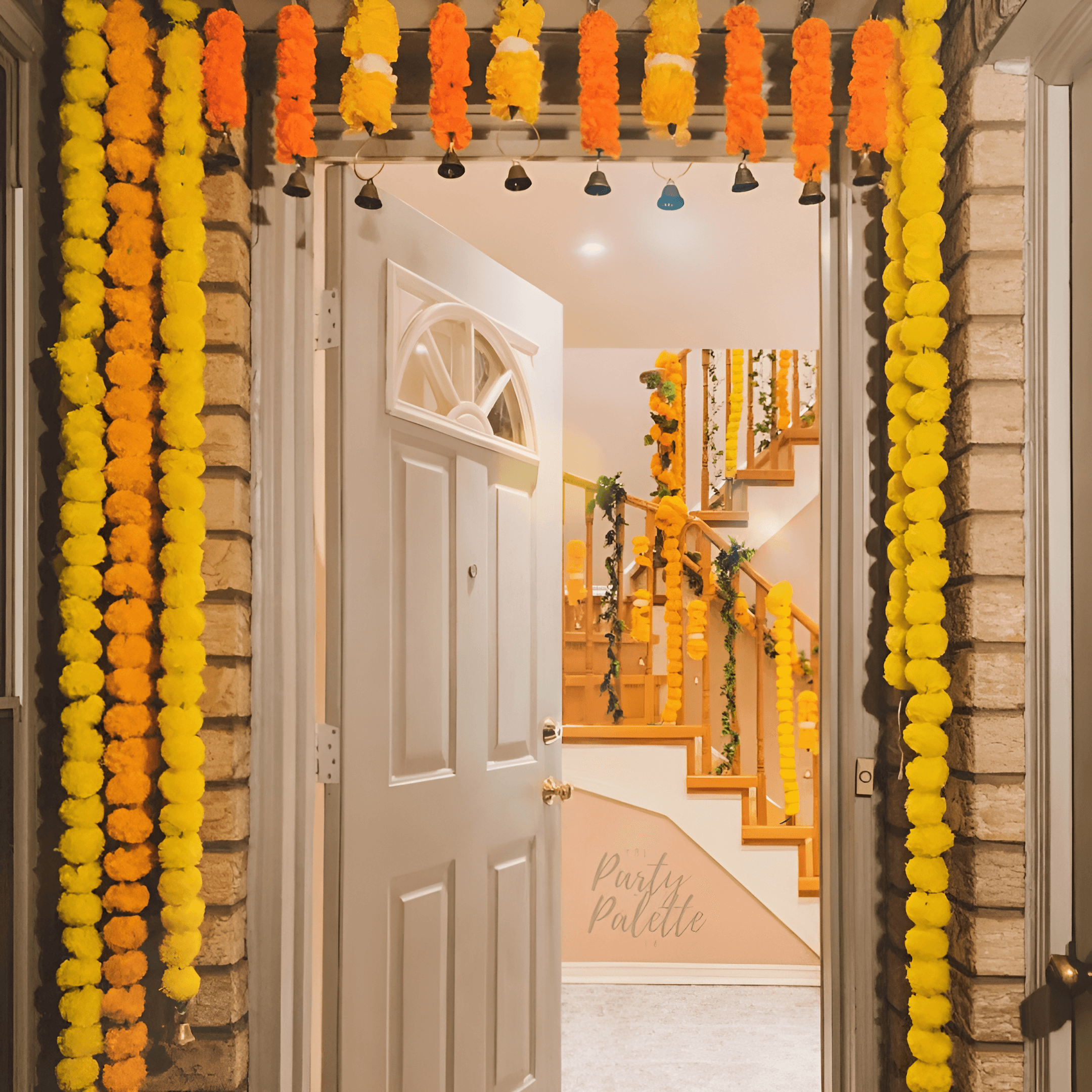Home entrance decorated with fresh marigold garlands, perfect for inside home roka decoration in South & West Delhi NCR