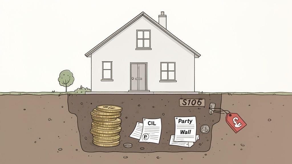Illustration of a house with hidden underground costs like CIL, Party Wall, S106, and money.