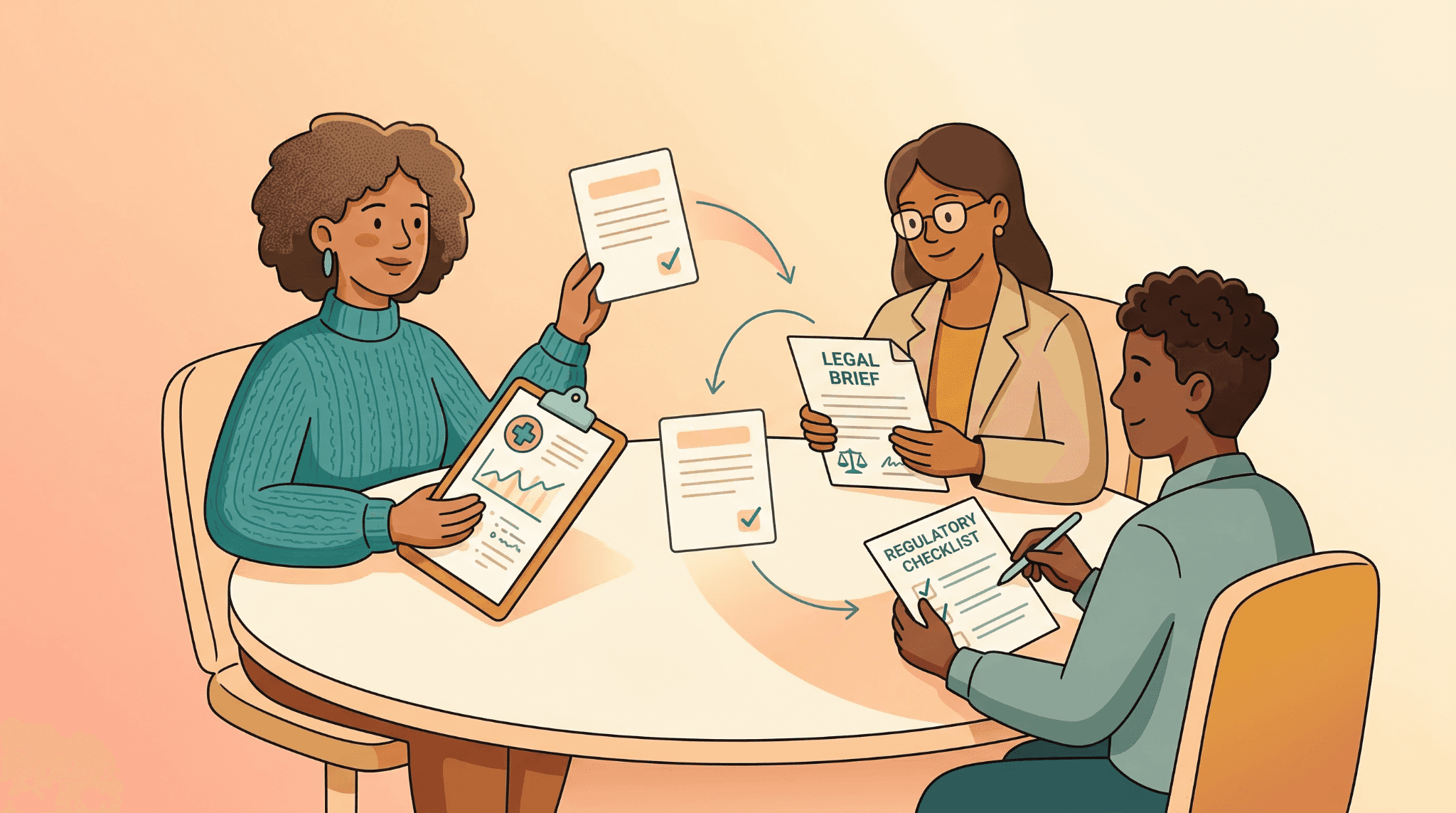 Illustration of three MLR reviewers collaborating around a shared workspace, representing cross-functional MLR compliance review