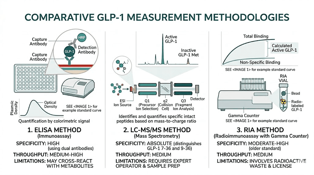 GLP-1 measurement methods comparison showing ELISA, mass spectrometry, and RIA equipment