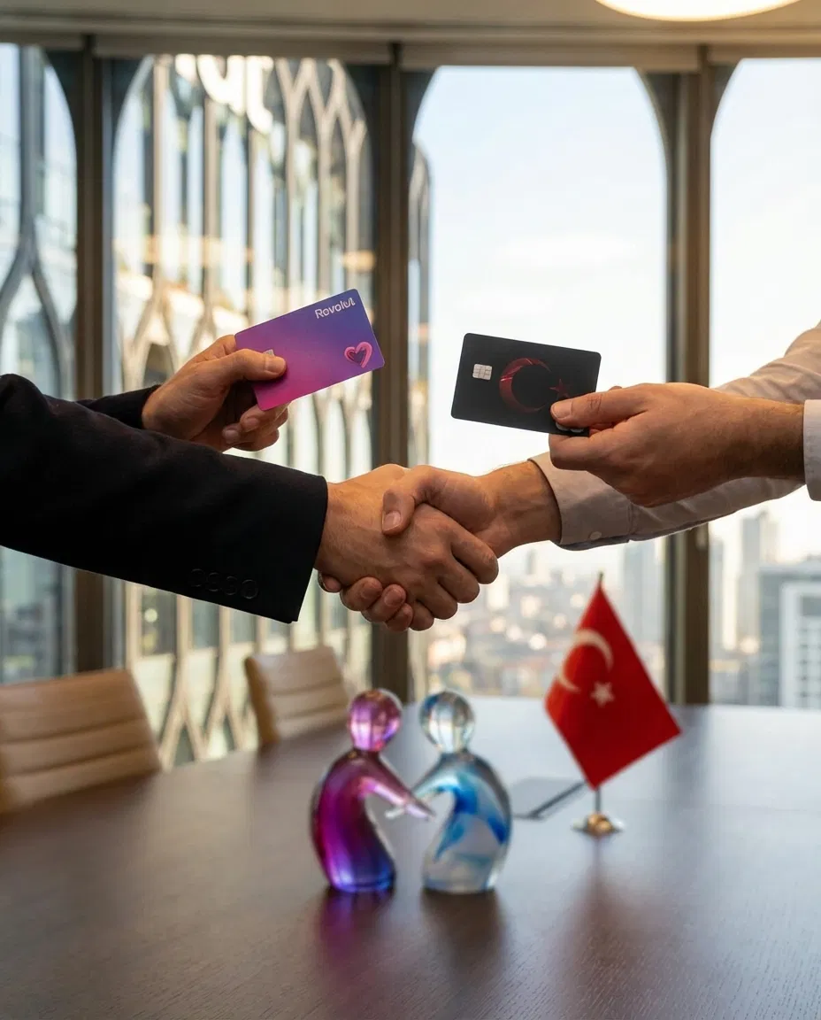 Conceptual illustration symbolizing potential acquisition negotiations between Revolut and Turkish digital bank FUPS