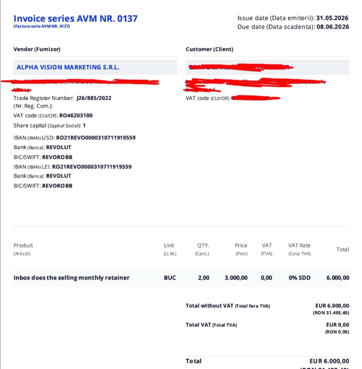 MAY 2026 · $6,900 for two months (€6,000), a second client