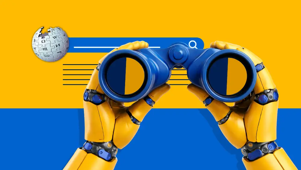 Robot hands holding blue binoculars against a Wikipedia search interface background.