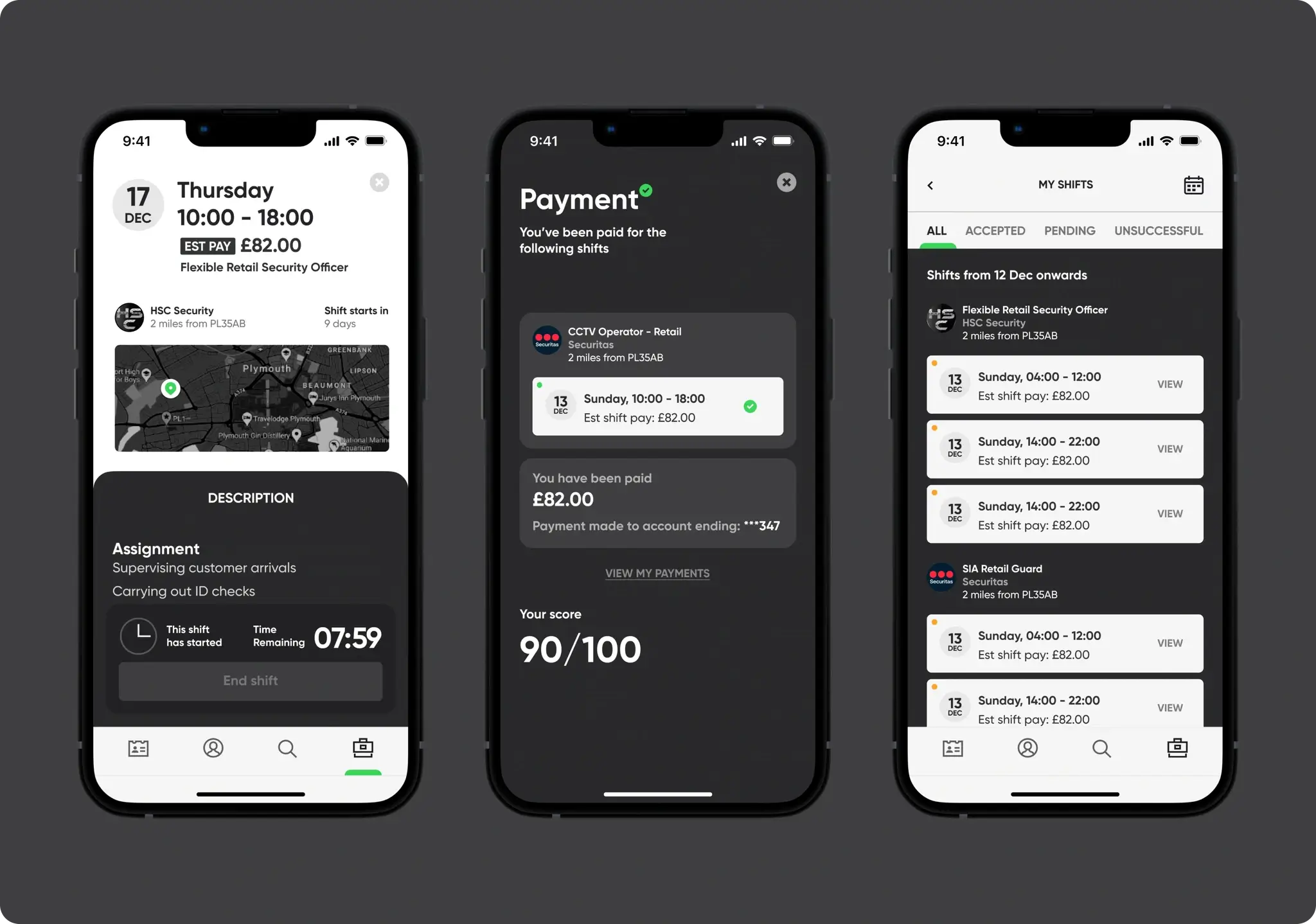 GuardPass app design showing shift started, payment and my shifts