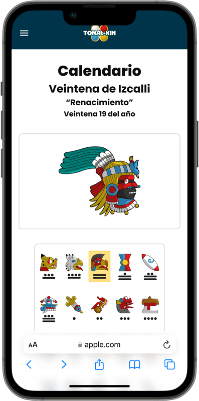 Maqueta de smartphone que muestra la interfaz del calendario de Tonalkin; se observa una cuadrícula organizada con los veinte signos nahuas de la veintena en curso, permitiendo una navegación intuitiva por el ciclo cronológico mesoamericano.