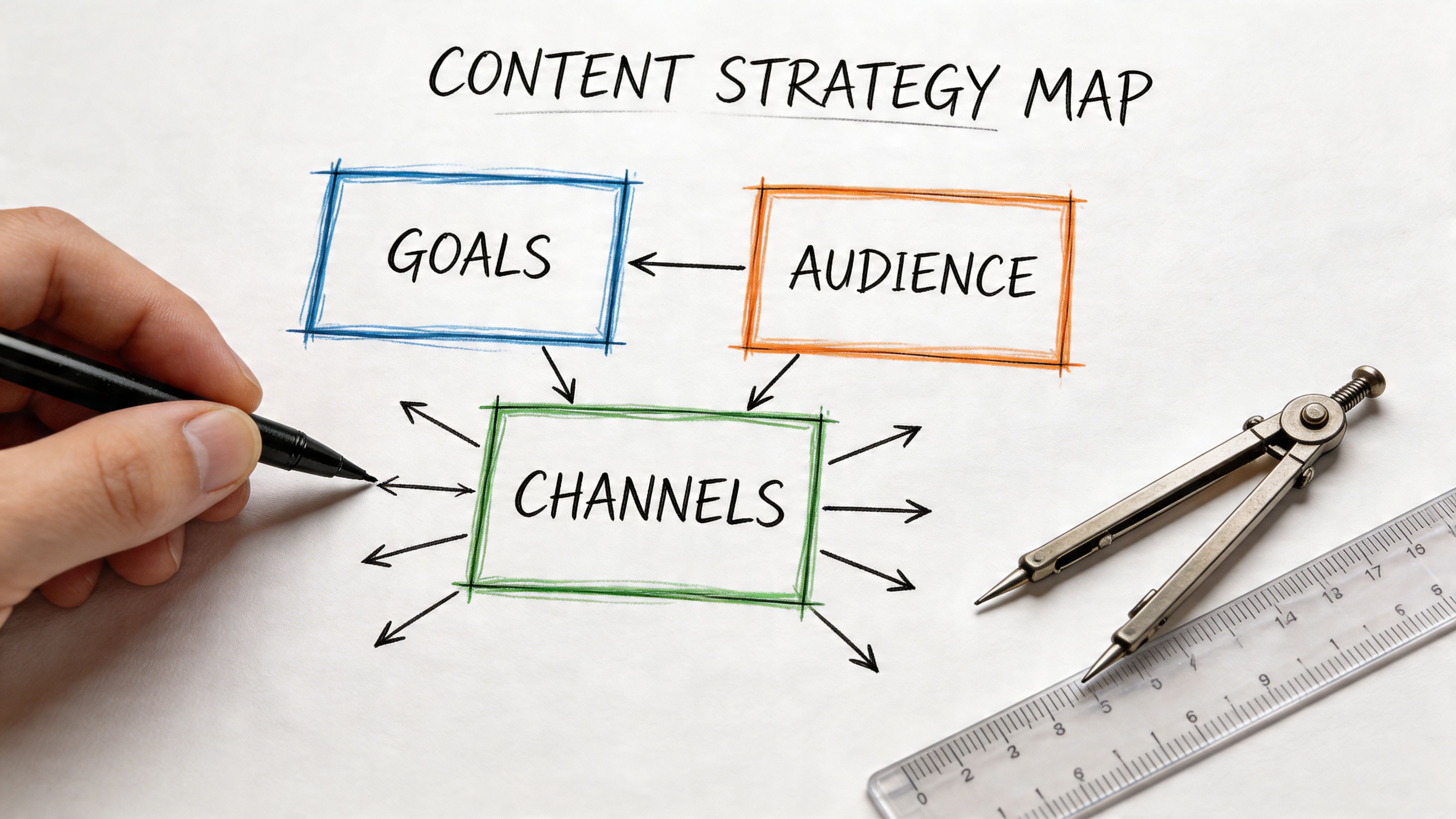 A hand drawing a content strategy map showing the relationship between goals, audience, and marketing channels.