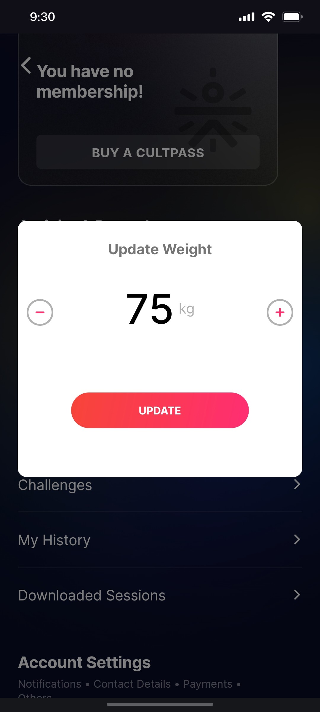 Cult.fit App Update Weight Screen
