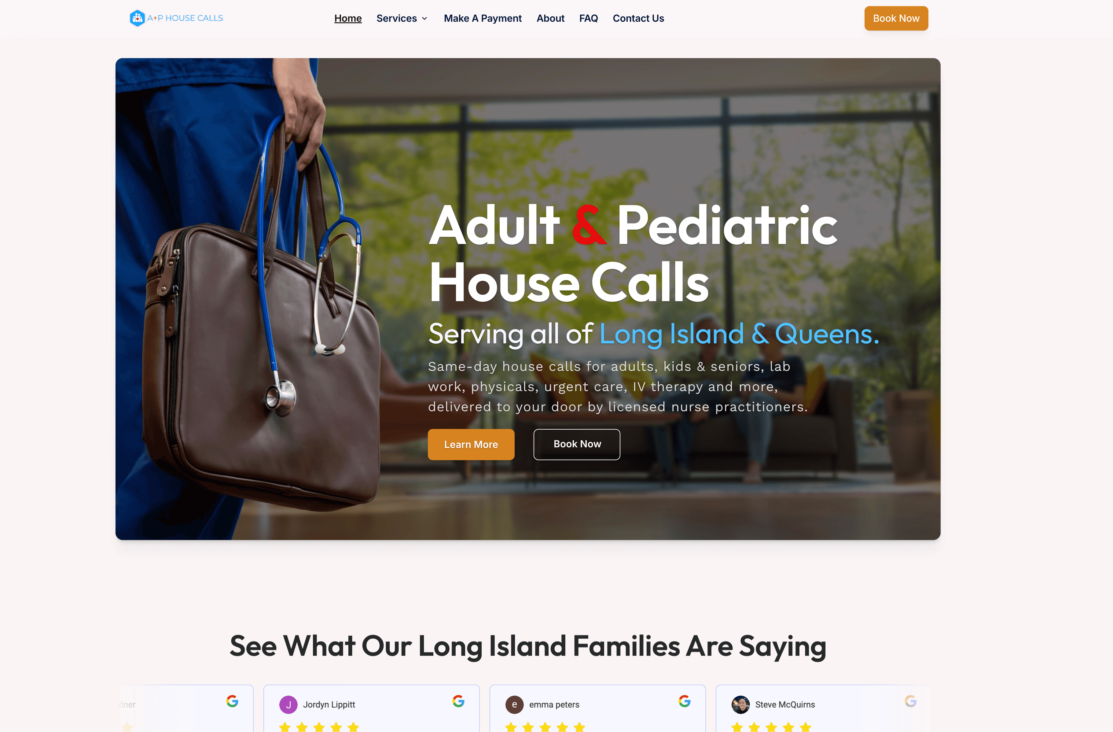 Homepage of the Adult & Pediatric House Calls website showing the hero headline and booking buttons