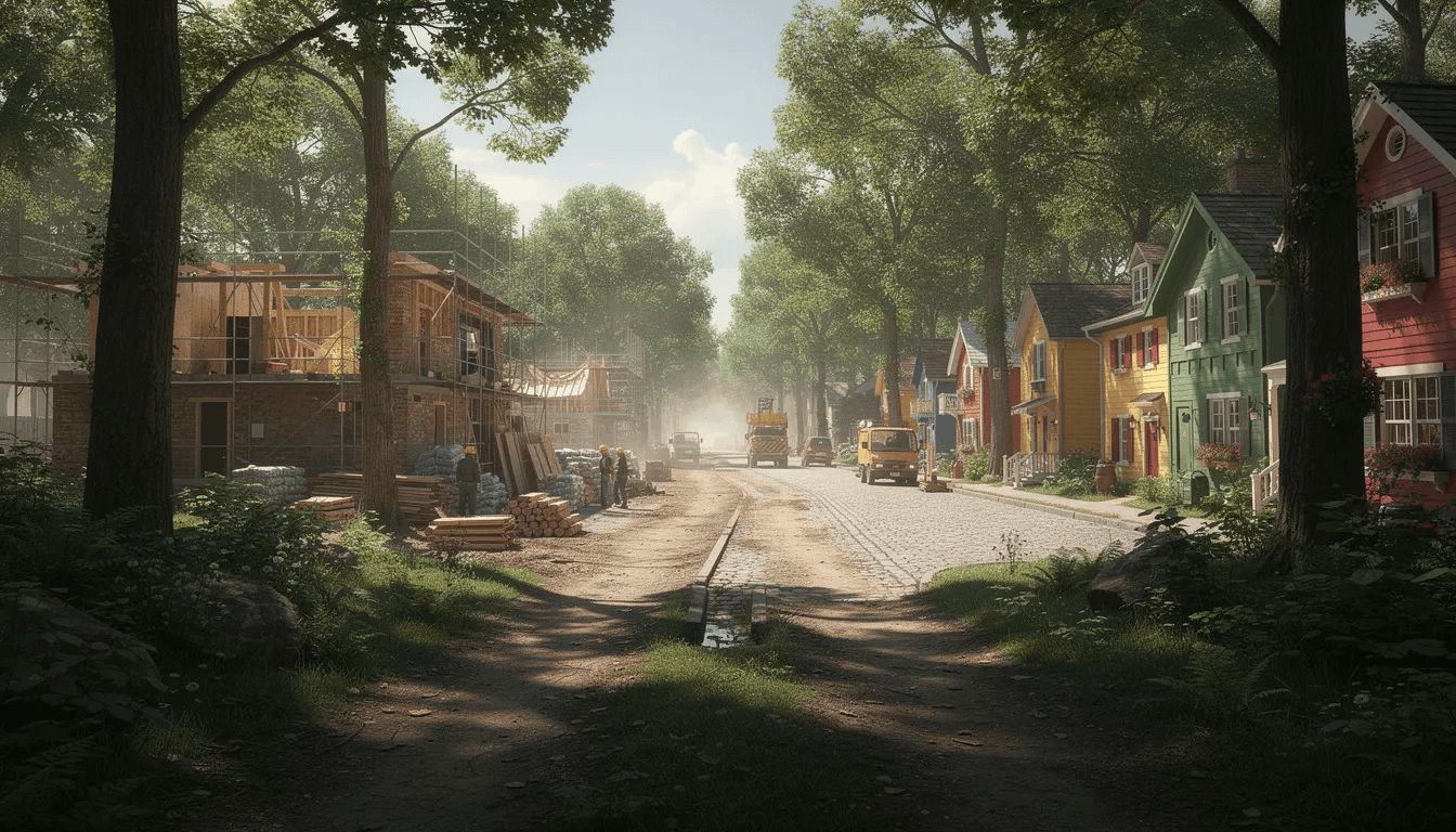 The image depicts two diverging paths in a lush forest; one path leads to an active construction site with scaffolding, while the other guides toward a vibrant, completed village filled with colorful houses. This scene symbolizes the journey of game development, where users can choose between building with basic game mechanics or enjoying the fun of a fully realized game world.