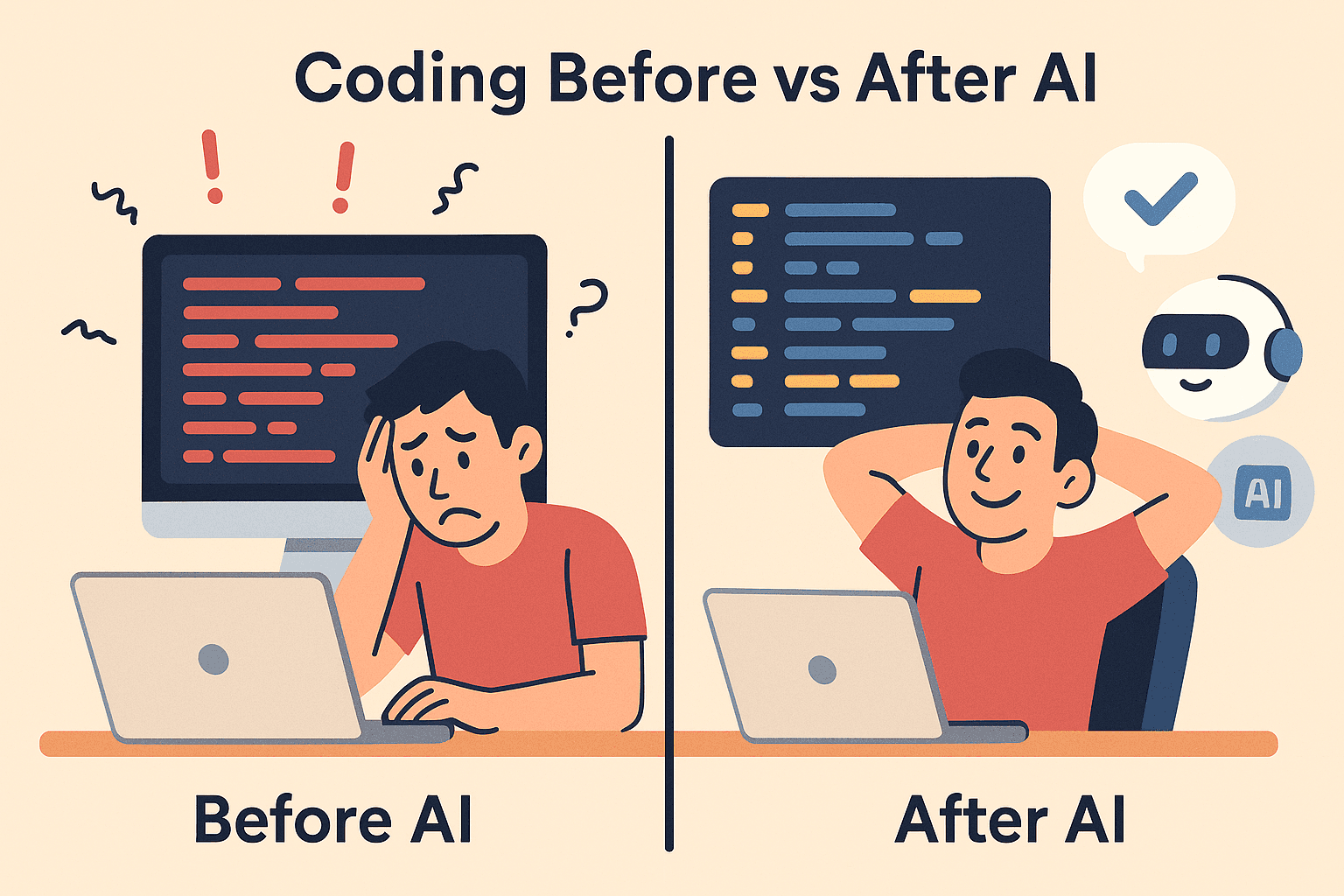 Split-screen illustration comparing coding before AI—a frustrated developer facing error logs, with coding after AI, where the developer is relaxed and supported by an AI assistant.
