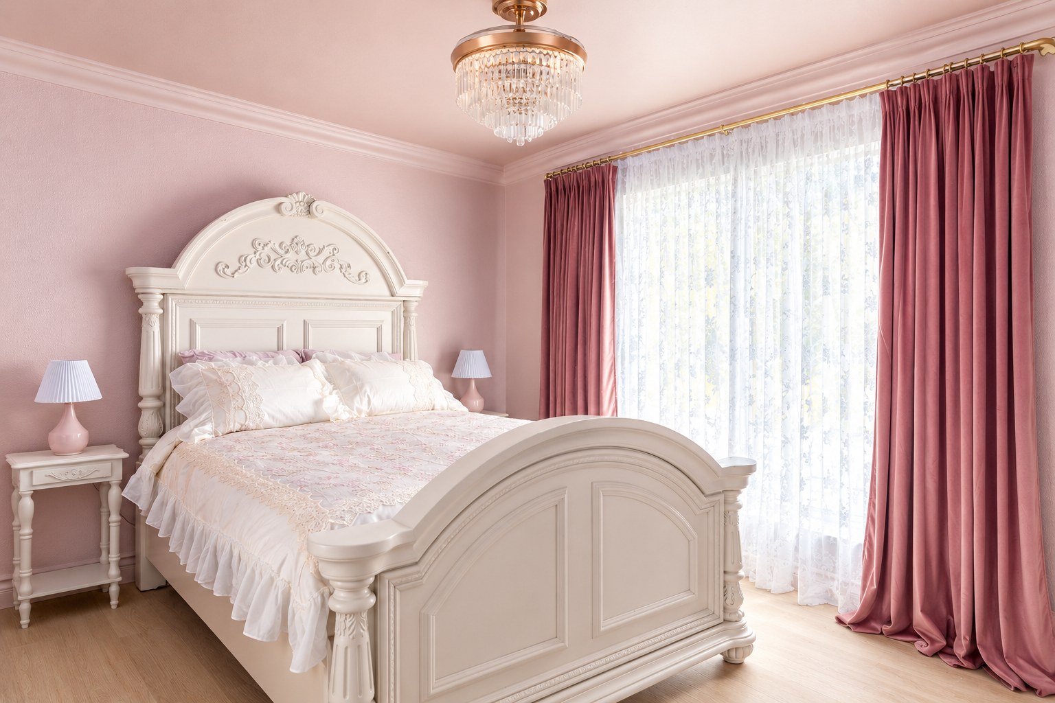 Bedroom with a queen bed and secret bookshelf doors leading to a bedroom and bathroom