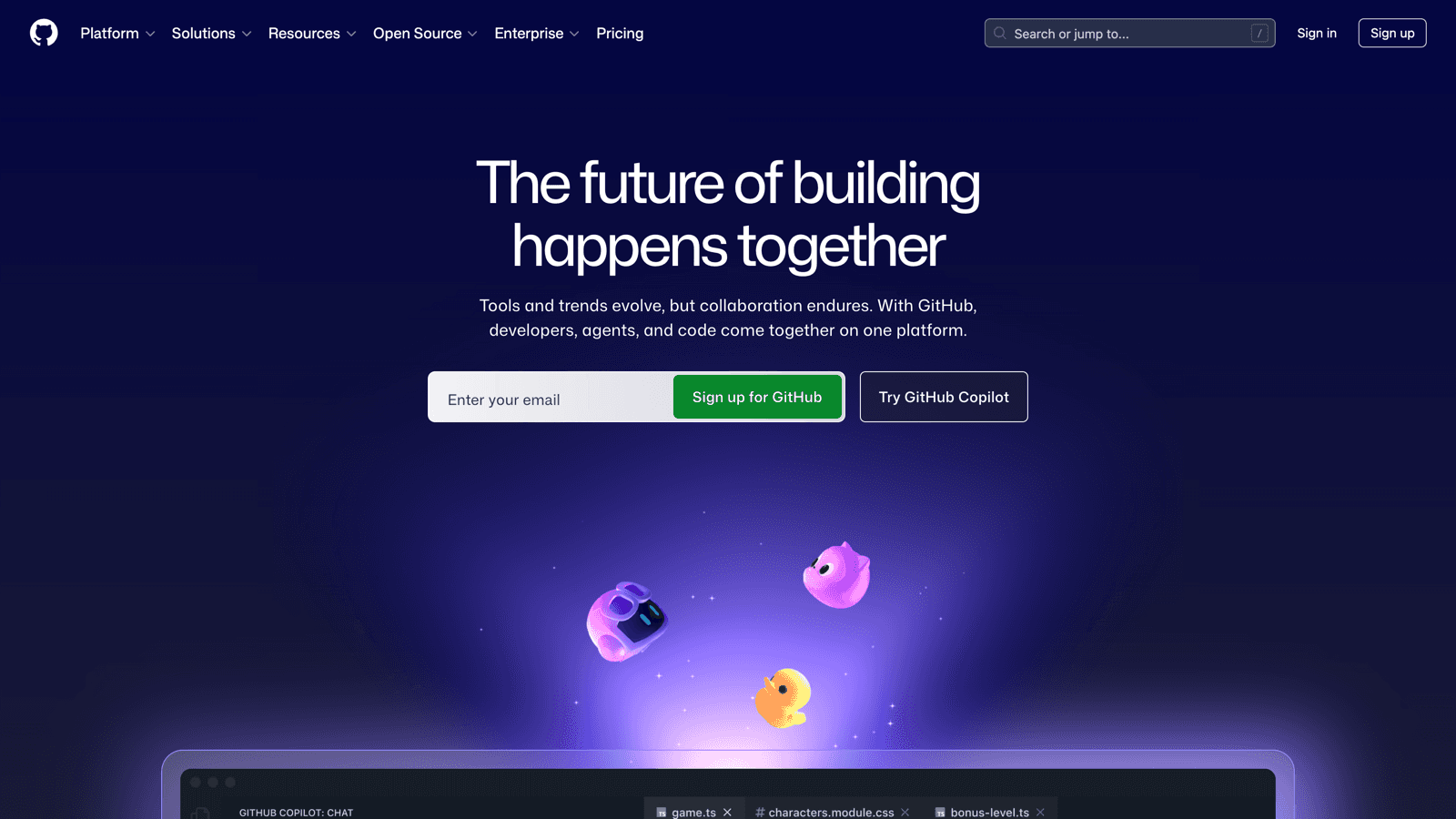 GitHub homepage with the future of building happens together hero
