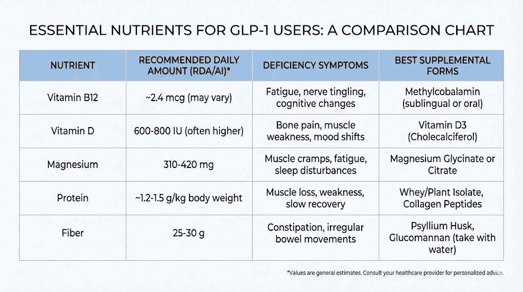 Essential nutrients for GLP-1 medication users with recommended daily amounts and supplement forms
