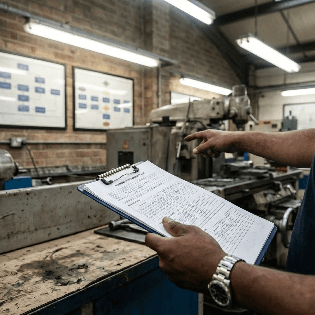 A professional woman with short dark hair wearing a beige blouse stands in a busy office.