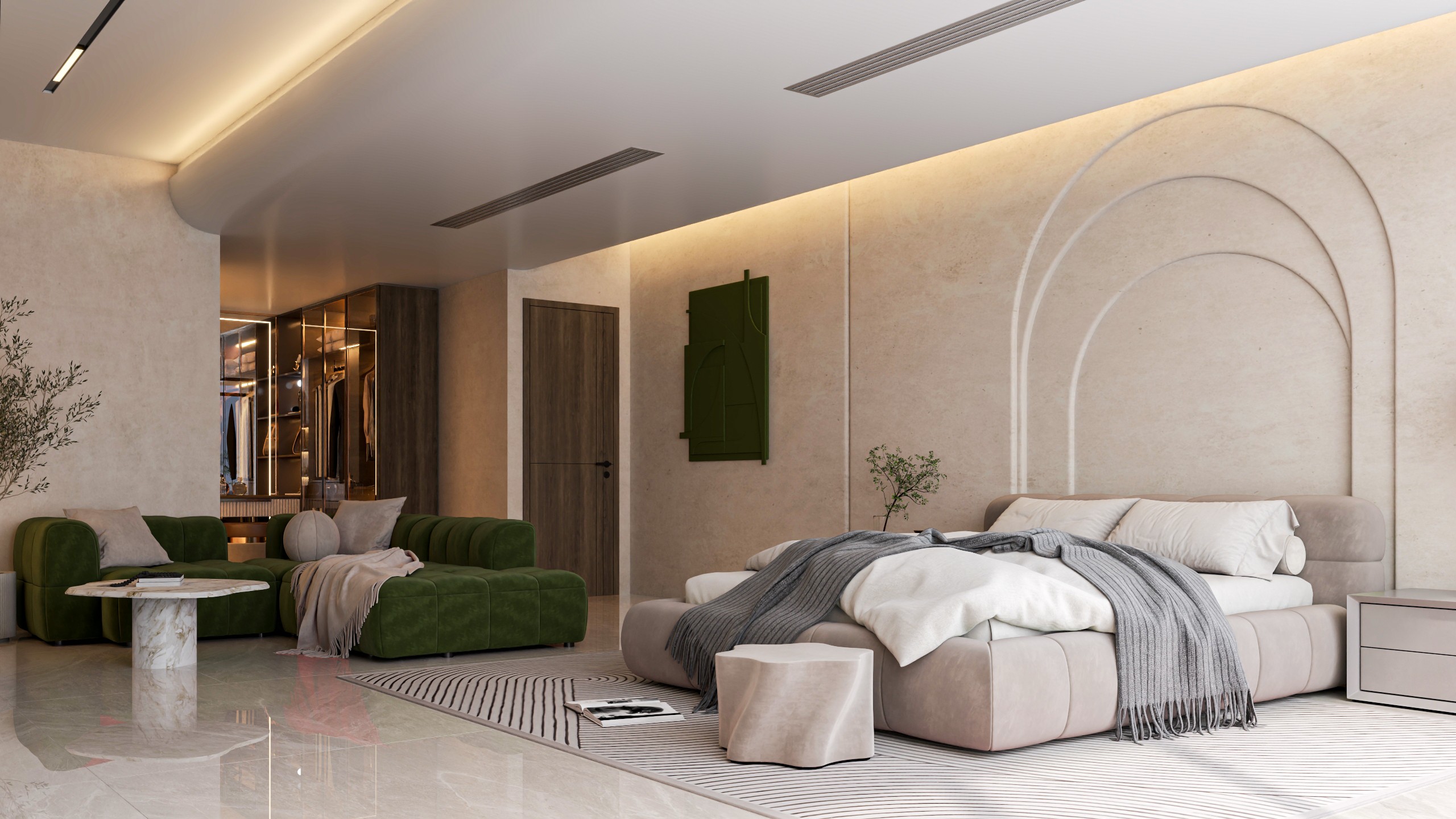 Minimalist living space featuring oak flooring, timber wall panels and panoramic windows with natural light.