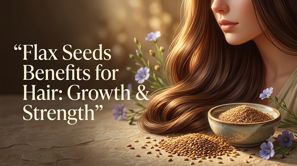 A close-up photograph of a woman with long, shiny, flowing brown hair, highlighting flax seed benefits for hair growth and strength. In the foreground, a ceramic bowl holds whole flax seeds and ground flax meal on a stone surface, surrounded by delicate blue flax flowers. Large text on the left reads: “Flax Seeds Benefits for Hair: Growth & Strength”.