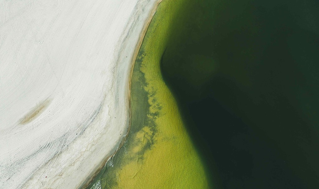 Overheard view of beach and lake