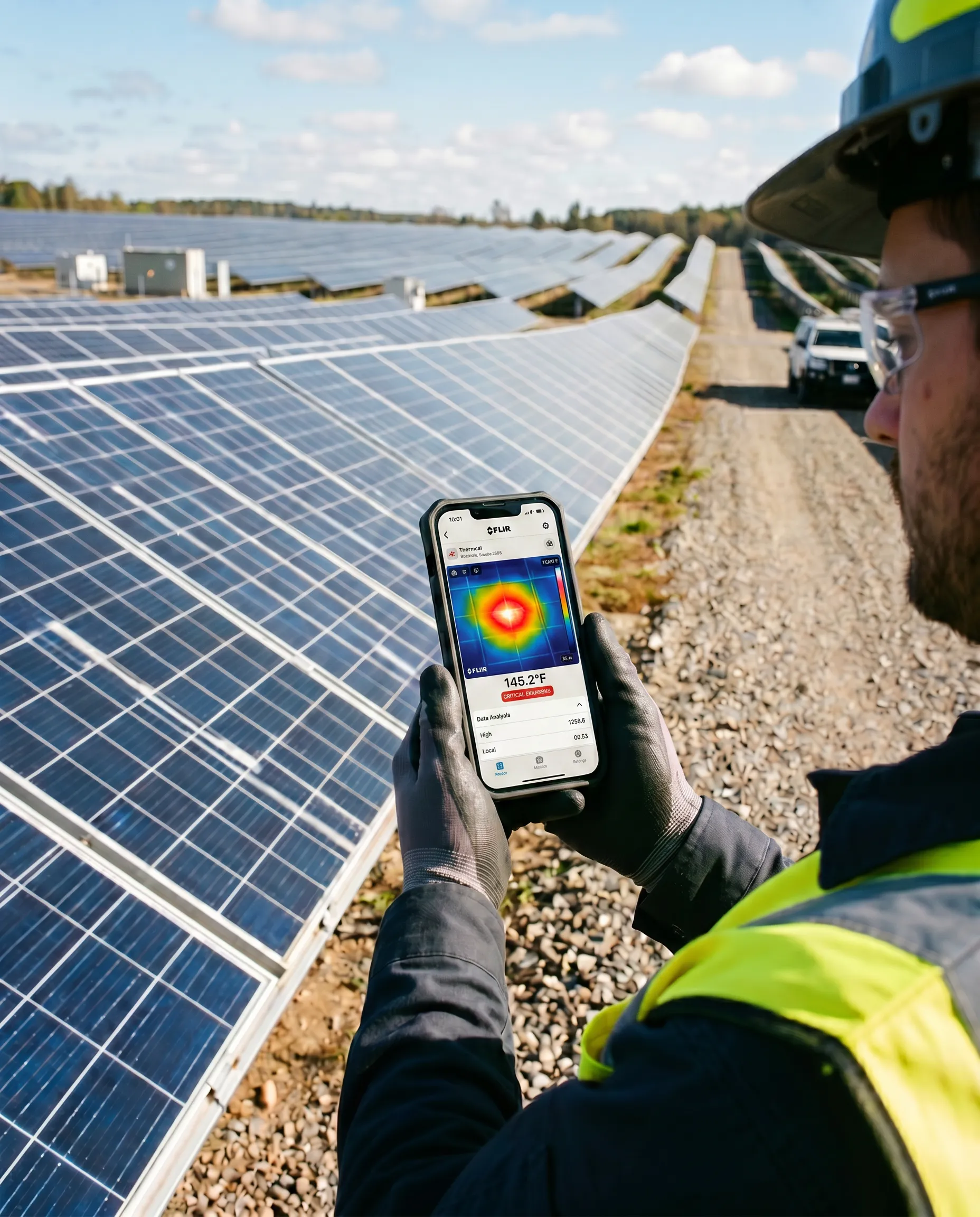 Worker in a hard hat and safety vest holding a tablet at a solar farm construction site, with rows of solar panels, cranes, and crew members working in the background at sunset.