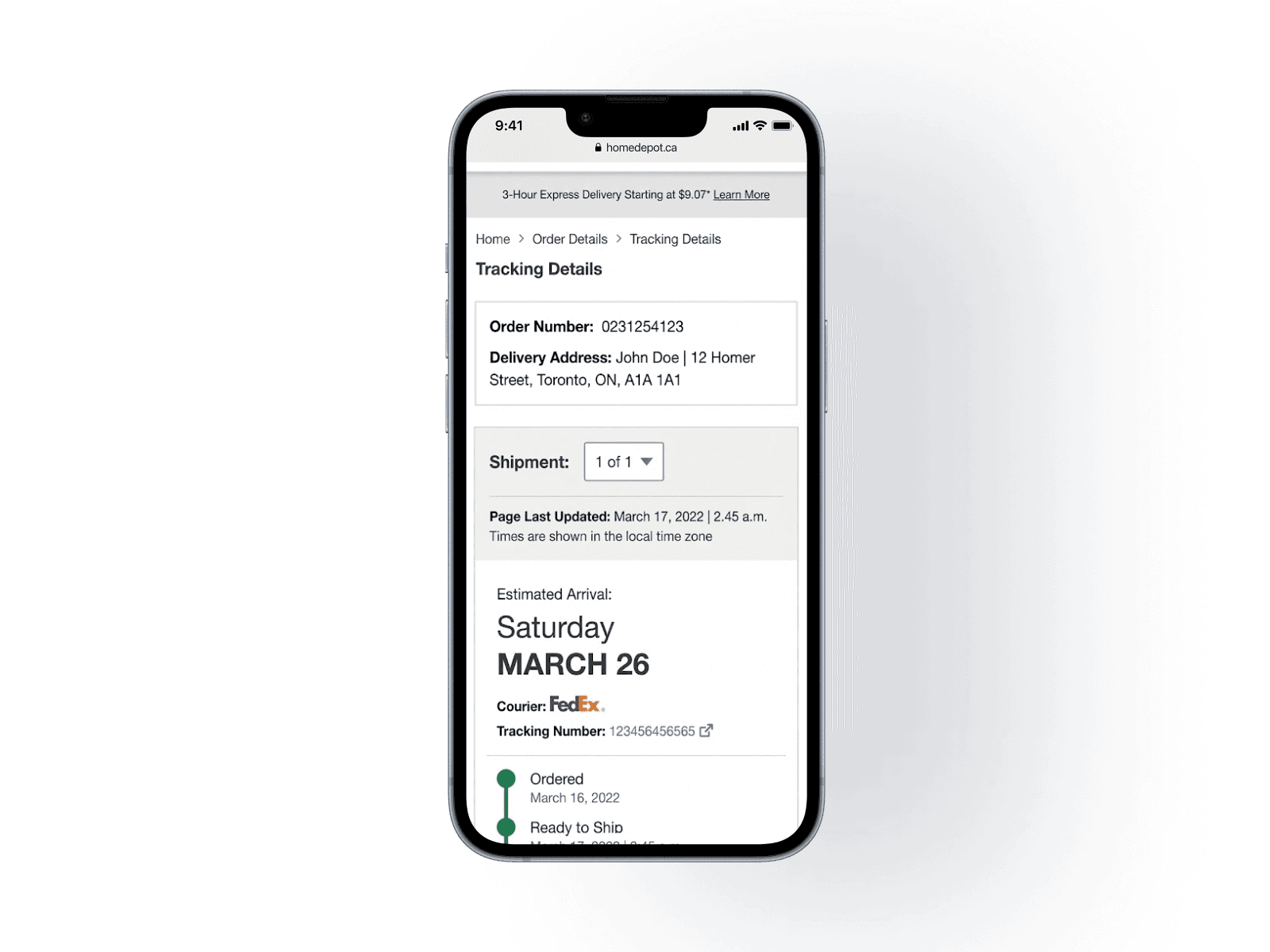 Mobile mockup of the redesigned order status page, showing order details and shipping status