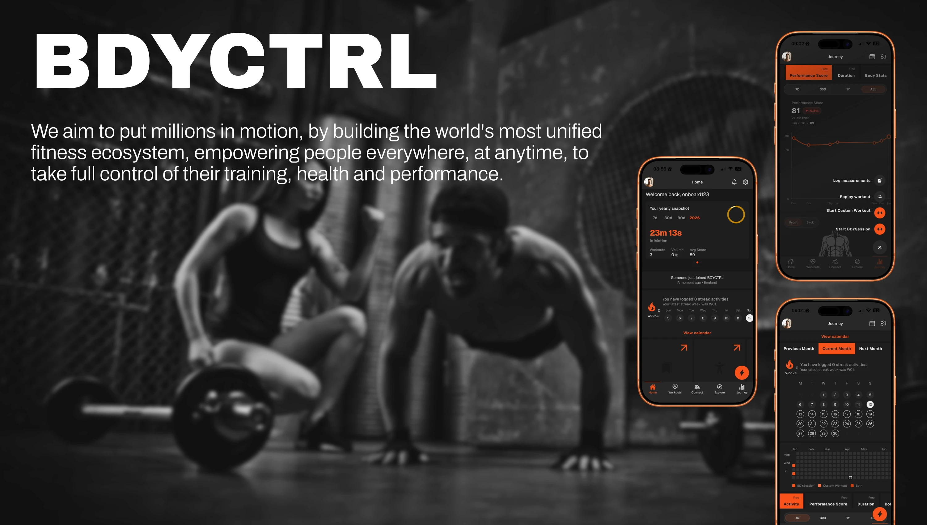 Image of people working out paired with screenshots from the BDYCTRL app.