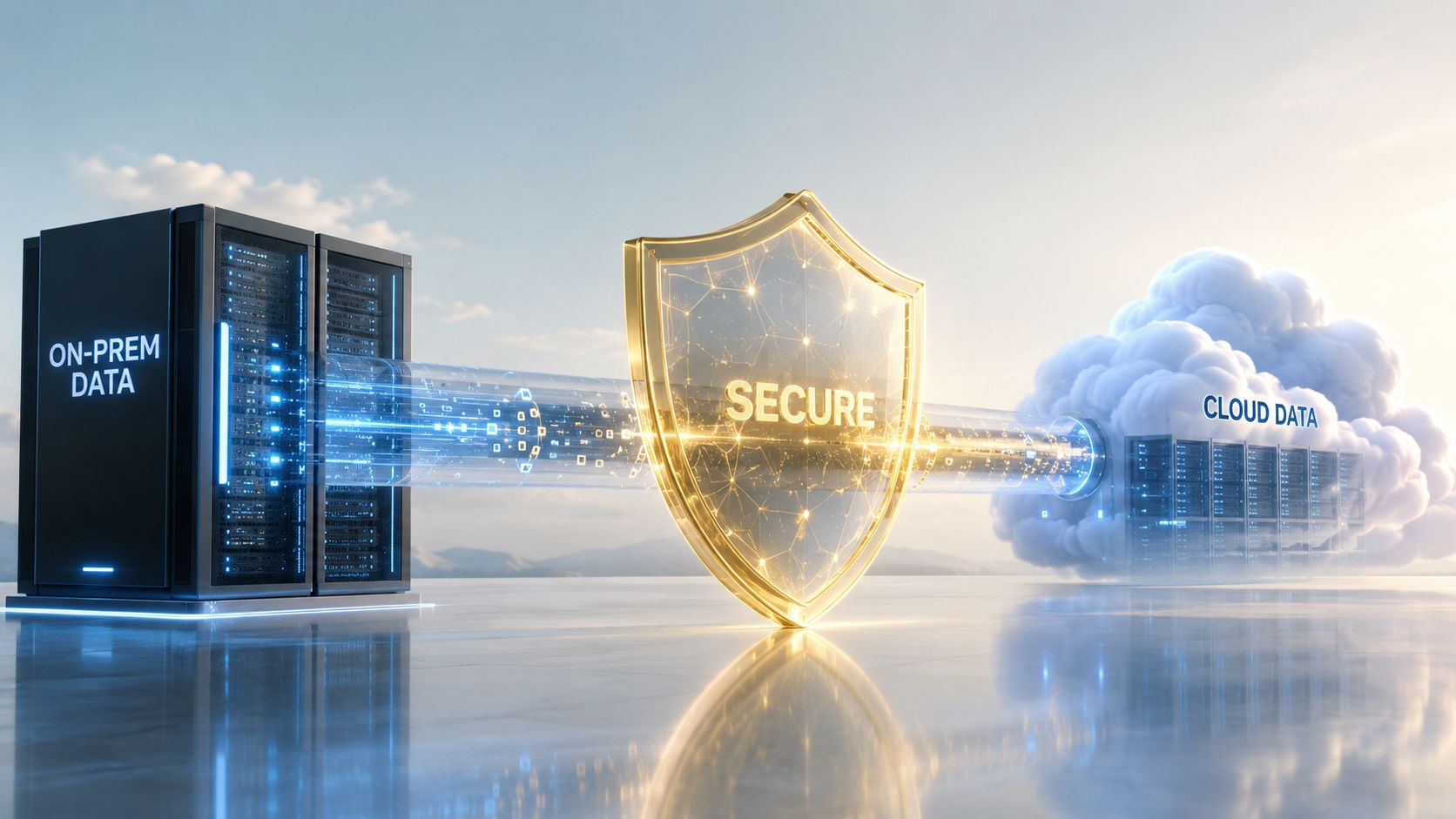 A secure data transfer tunnel connecting on-premise servers to cloud storage protected by a golden digital shield.