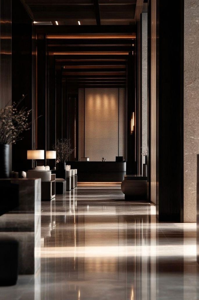 Dark brown wooden façade with detailed grain texture and layered vertical geometry.