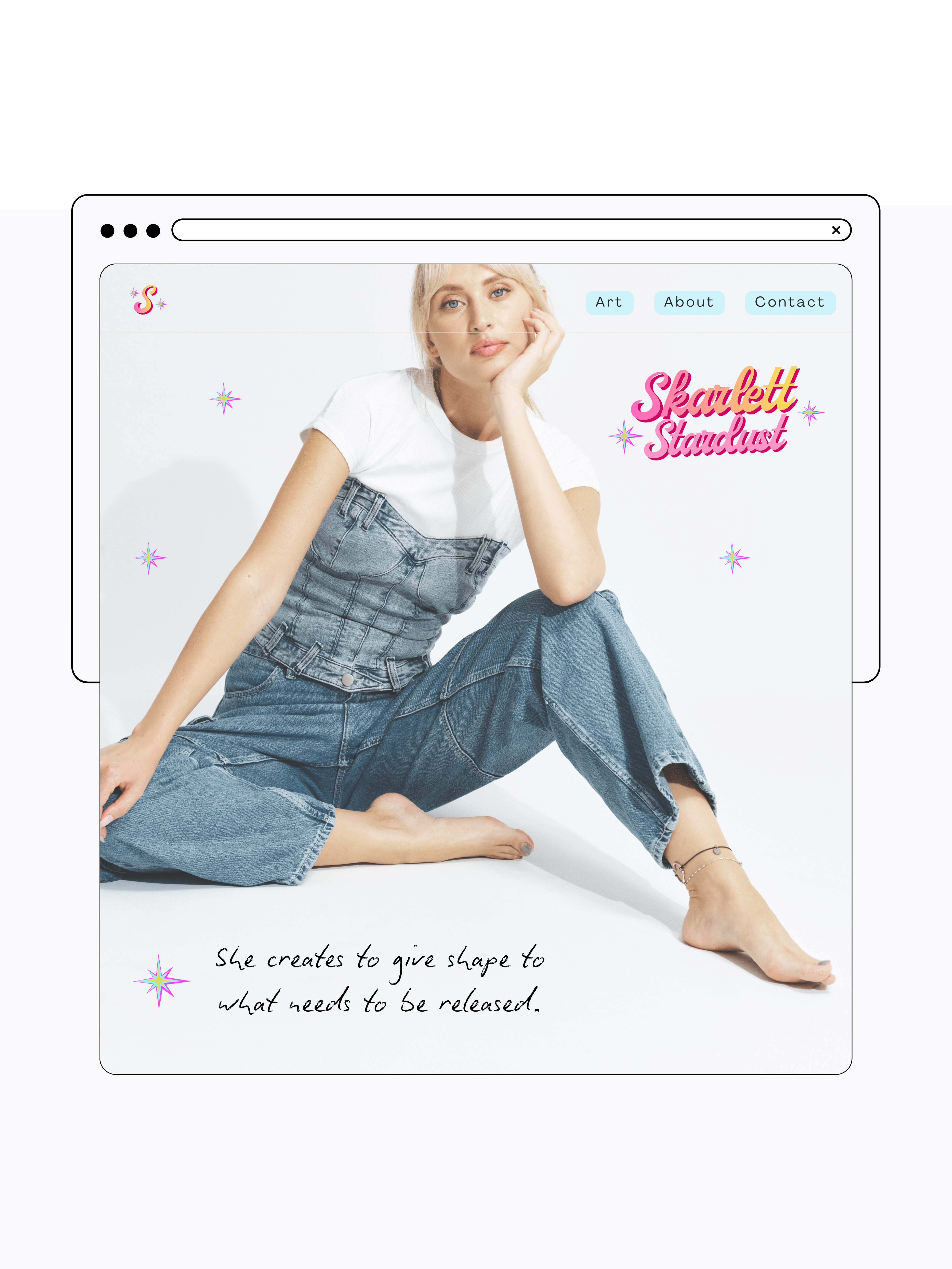 Desktop website design for Skarlett Stardust featuring artist branding and editorial layout.