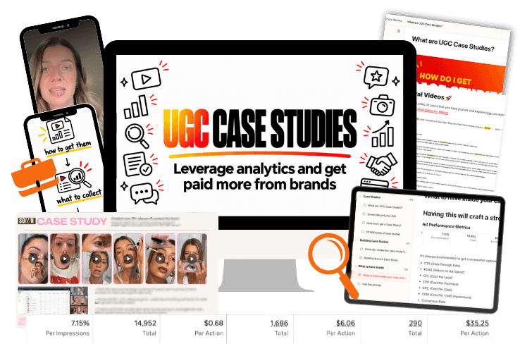 UGC case studies course teaching content creators how to leverage portfolio analytics and turn brand deals into case studies that get you hired by more brands