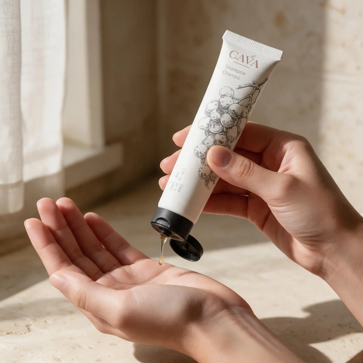 Cava hotel amenity tube in hand