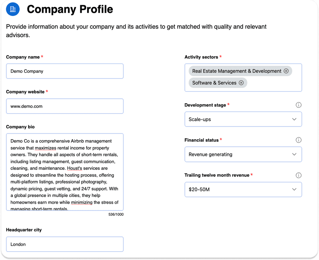 Screenshot of Company Profile Form for Businesses | getana.io 