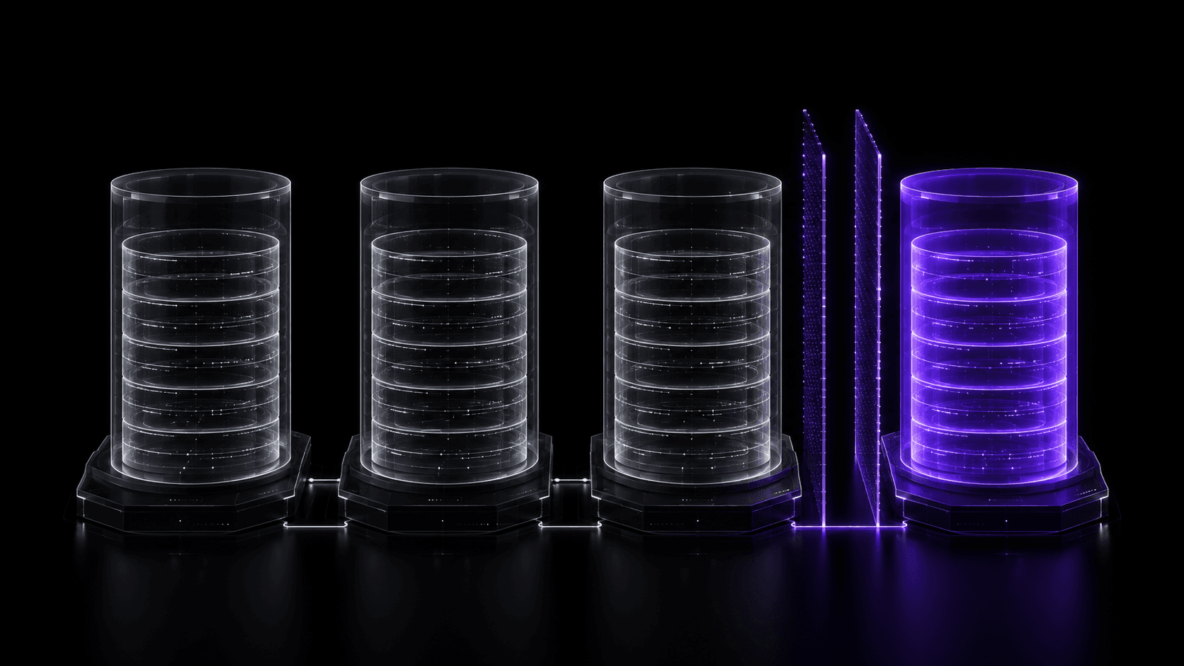 Isolated data cylinders representing secure multi-tenant infrastructure and tenant-scoped quota management for API rate limiting.