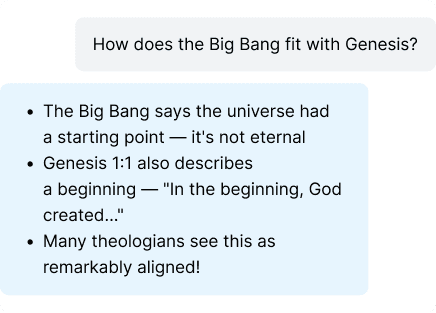 Screenshot of chat where student asks about Big Bang fit with Genesis and Sparky responding with faith-based content 