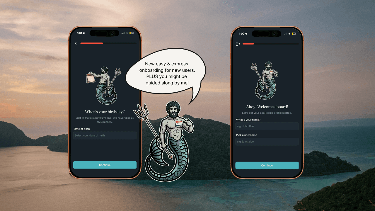 SeaPeople onboarding screen on a phone with guided steps and merman character