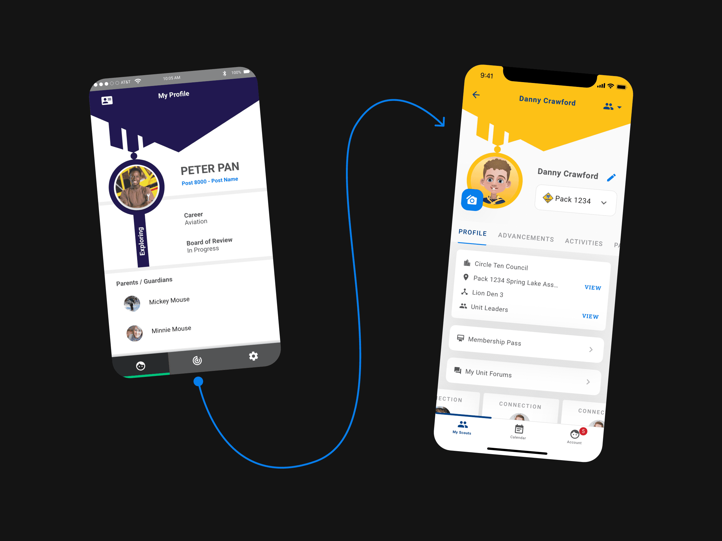 A before and after mockups for a scout profile.