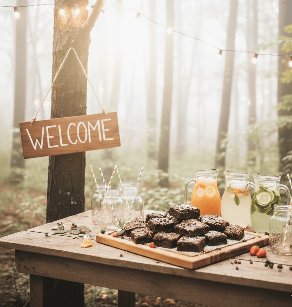A serene outdoor wedding setup with white chairs arranged on green grass under a canopy of trees.