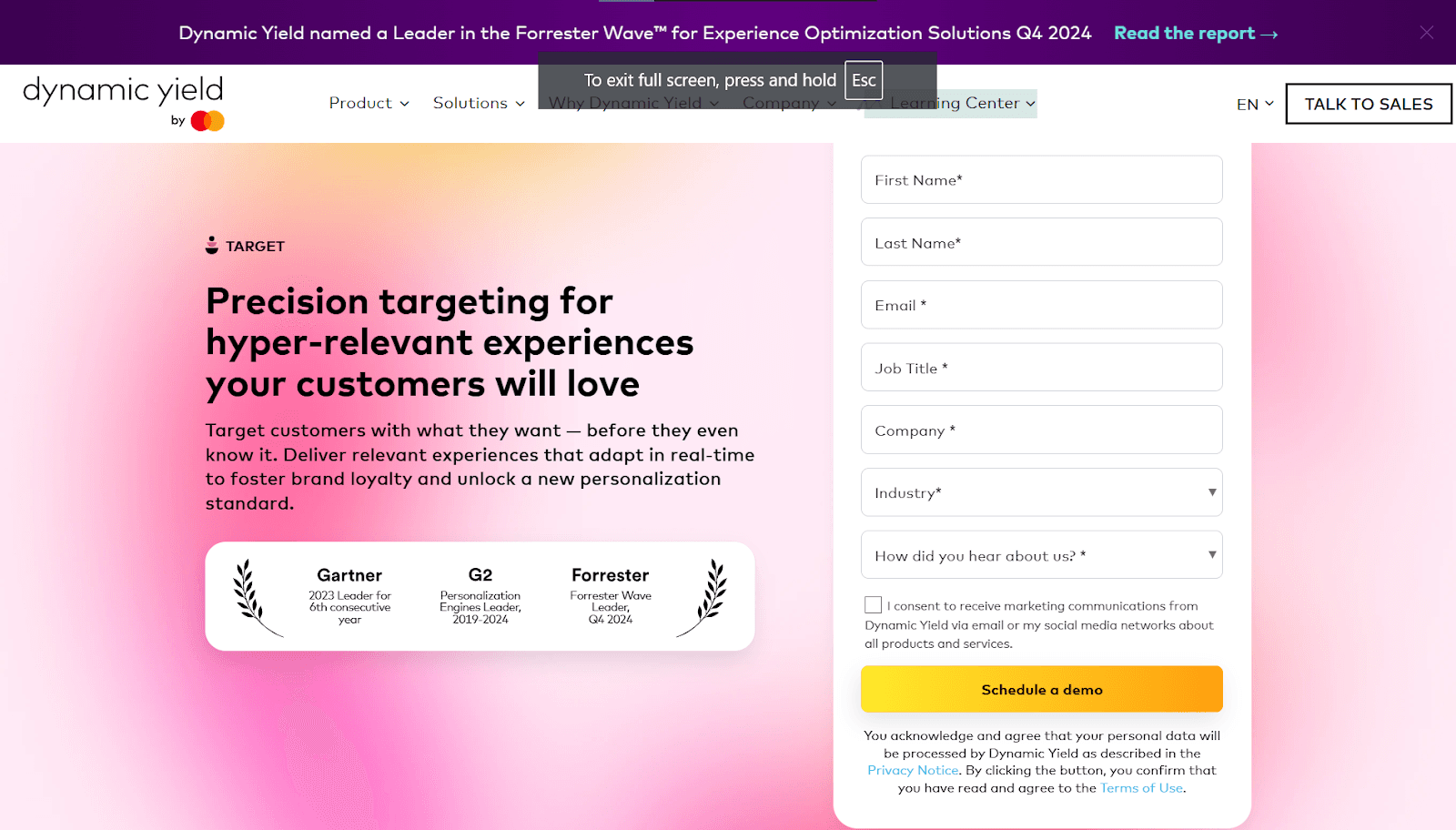 The Dynamic Yield F-pattern landing page in use