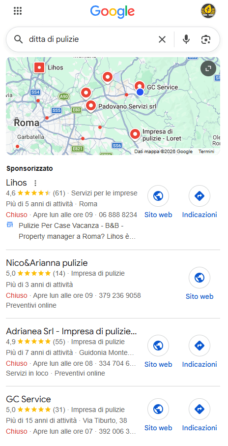 screen di risultato di ricerca in google overview e in organico doppiamente per s.a.multiservizi cliente di officina digitale