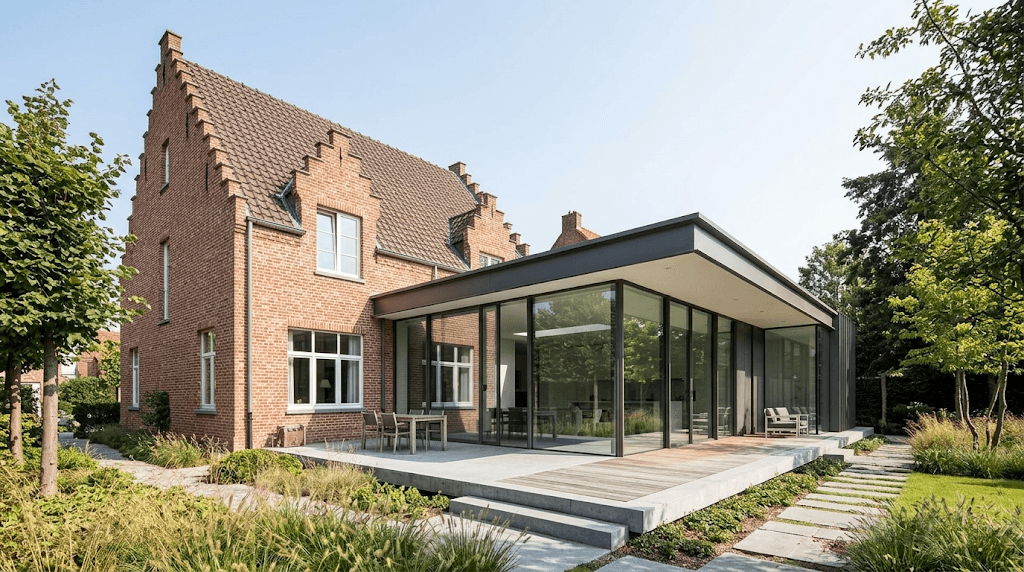 Extension contemporaine réalisée sur une maison existante.