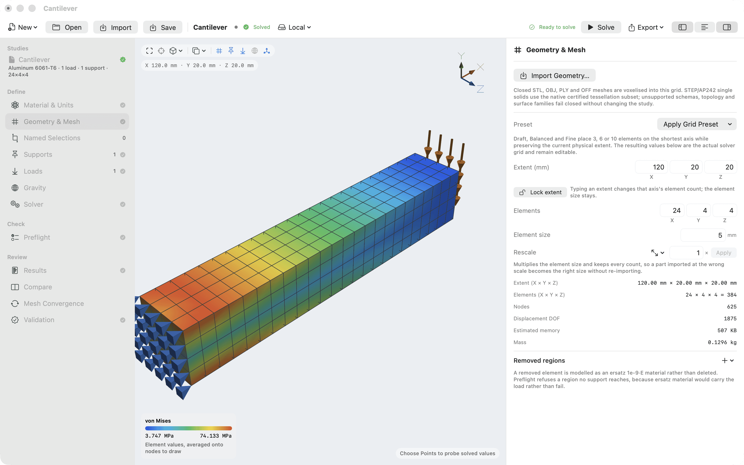 Lattiform FEA Preview Geometry and Mesh inspector with extent, element counts, element size and rescale controls