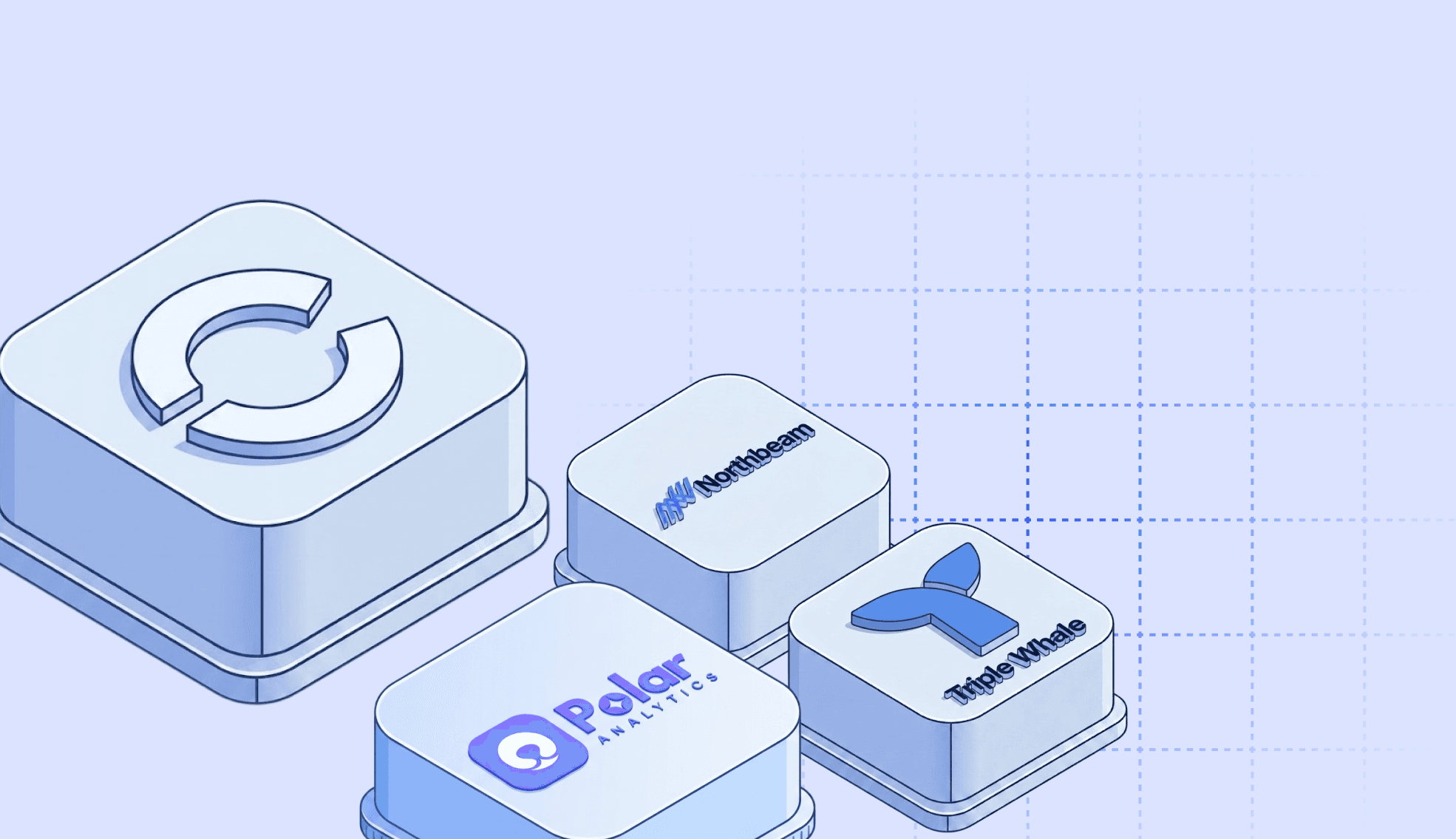 Isometric illustration comparing ecommerce ad spend tracking tools: the Cifra logo, Northbeam, Polar Analytics, and Triple Whale, shown as 3D blocks on a light blue grid background.